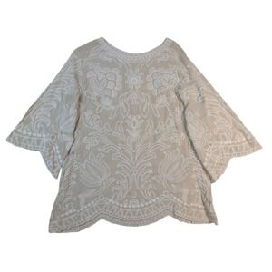 Embroidered Boho Bell Sleeve Tunic Top – Women's XL Beige Rayon Solitaire